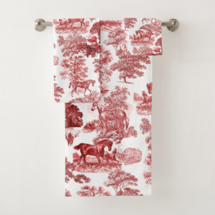 Elegant Red White Rustic Horses Toile Bath Towel Set
