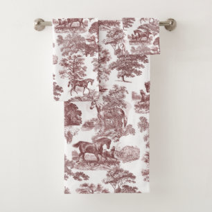 Elegant Red White Rustic Horses Toile Bath Towel Set