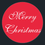 Elegant Red White Script Merry Christmas Classic Round Sticker<br><div class="desc">Merry Christmas white script on red background traditional stickers.  For matching Christmas cards,  return address labels and postage stamps please visit my store.</div>