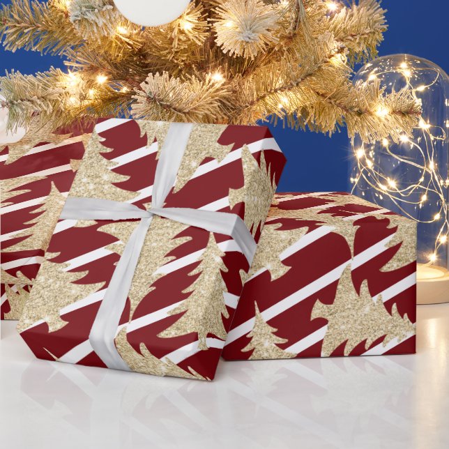 Elegant Red White Stripe Gold Christmas Tree  Wrapping Paper (Holidays)
