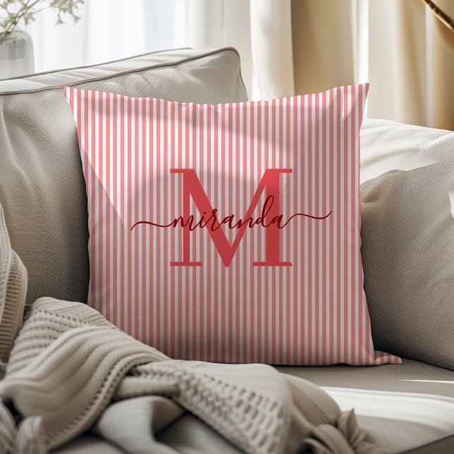 Elegant Red & White Stripes Monogram Name Throw Pillow (Creator Uploaded)