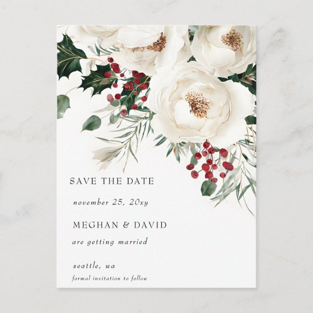 Elegant Red White Winter Christmas Save the Date Announcement Postcard (Front)