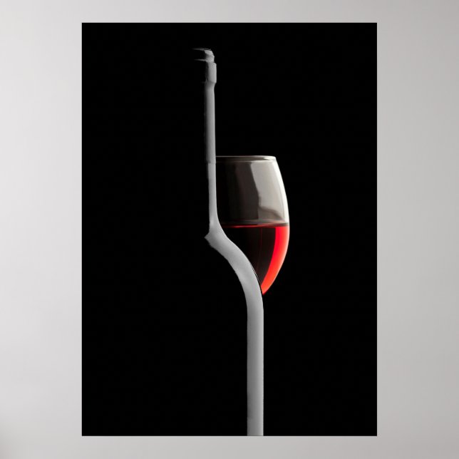 Elegant Red Wine Glass & Bottle. Black Background Poster (Front)