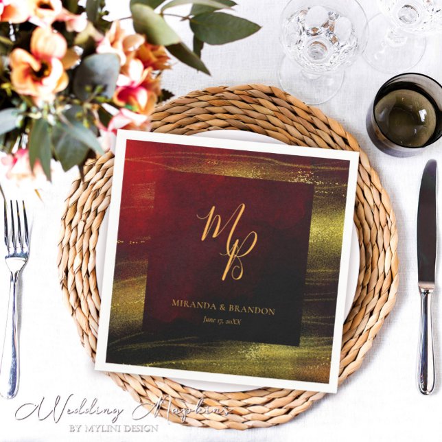 Elegant Red with Gold Monogram Wedding Napkin (Creator Uploaded)