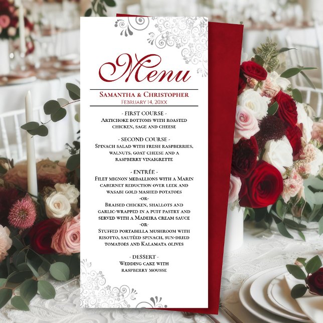 Elegant Red with Silver Swirls on White Wedding Menu (Front/Back)