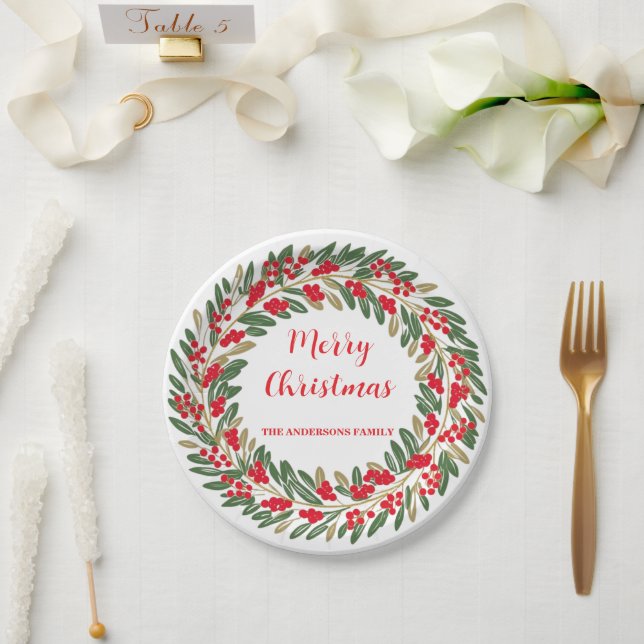 Elegant Red Wreath Holly Berries Christmas Gold  Paper Plate (Wedding)