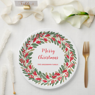 Elegant Red Wreath Holly Berries Christmas Green Paper Plate