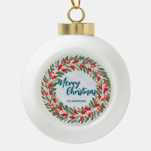 Elegant Red Wreath Holly Berries Gold merry Xmas Ceramic Ball Christmas Ornament