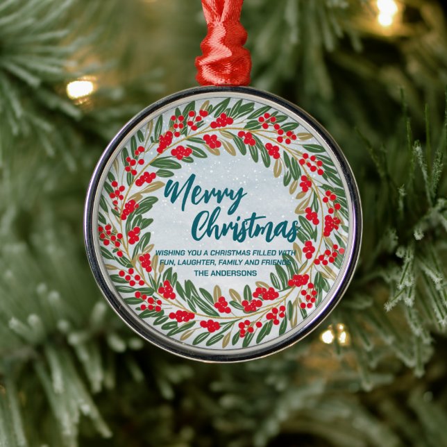 Elegant Red Wreath Holly Berries Gold merry Xmas  Metal Ornament (Tree)