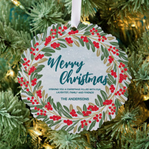 Elegant Red Wreath Holly Berries Gold merry Xmas  Ornament Card