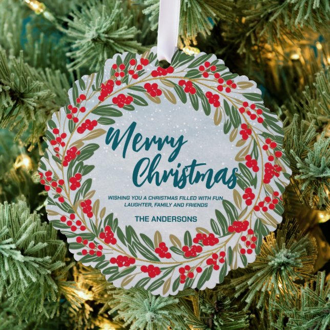 Elegant Red Wreath Holly Berries Gold merry Xmas  Ornament Card (Insitu (Tree))