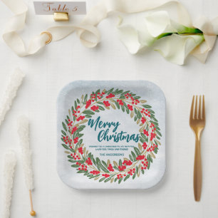 Elegant Red Wreath Holly Berries Gold merry Xmas Paper Plate