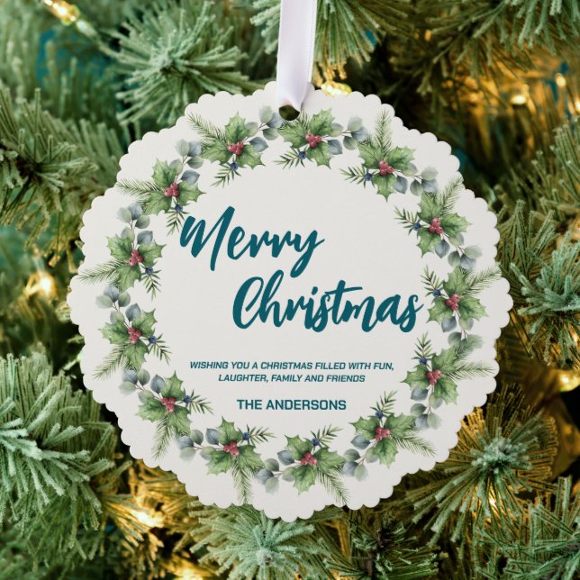 Elegant Red Wreath Holly Berries merry Xmas tree Ornament Card (Insitu (Tree))