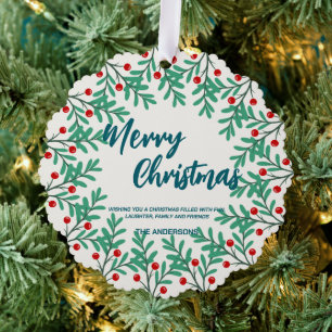 Elegant Red Wreath Holly Berries merry Xmas tree Ornament Card