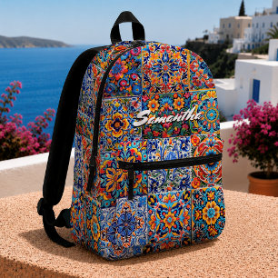 Elegant Red Yellow Mexican Talavera Monogram Tile Printed Backpack
