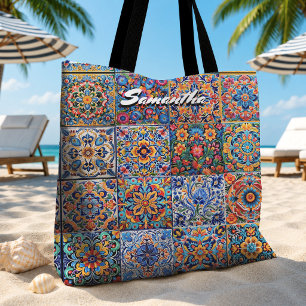 Elegant Red Yellow Mexican Talavera Tile Monogram Tote Bag