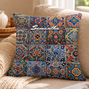 Elegant Red Yellow Talavera Tiles Monogram Throw Pillow