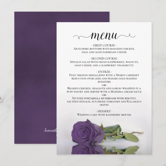 Elegant Reflecting Amethyst Purple Rose Wedding  Menu (Front/Back)