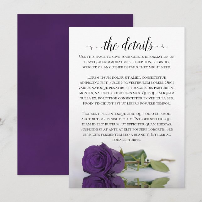 Elegant Reflecting Purple Rose Wedding Details Enclosure Card (Front/Back)