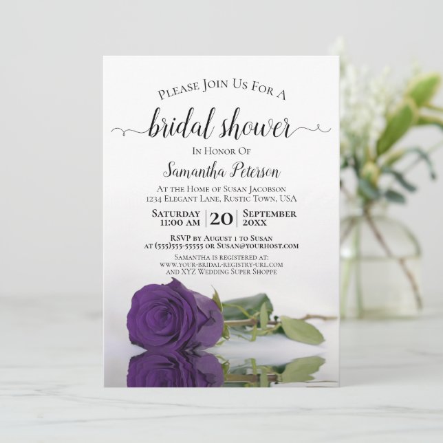 Elegant Reflecting Royal Purple Rose Bridal Shower Invitation (Standing Front)