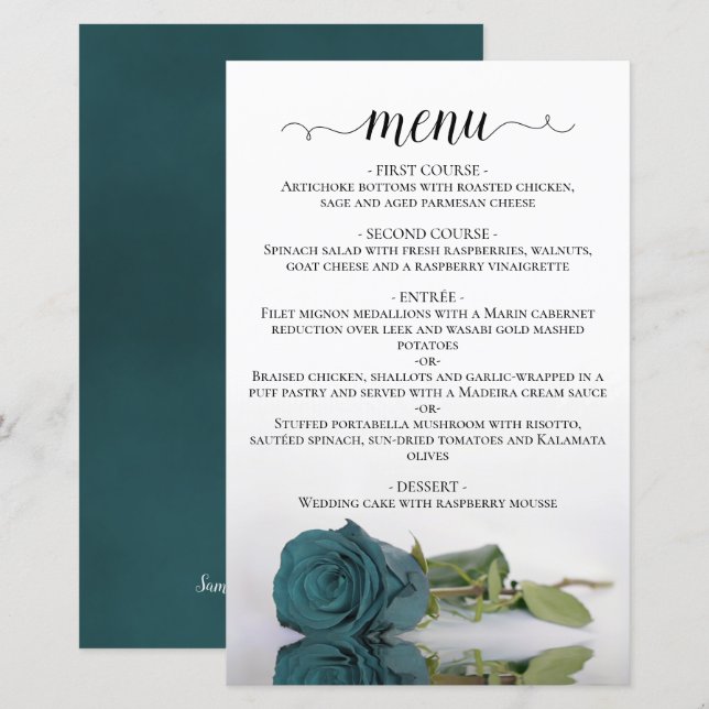 Elegant Reflecting Teal Rose Budget Wedding Menu (Front/Back)
