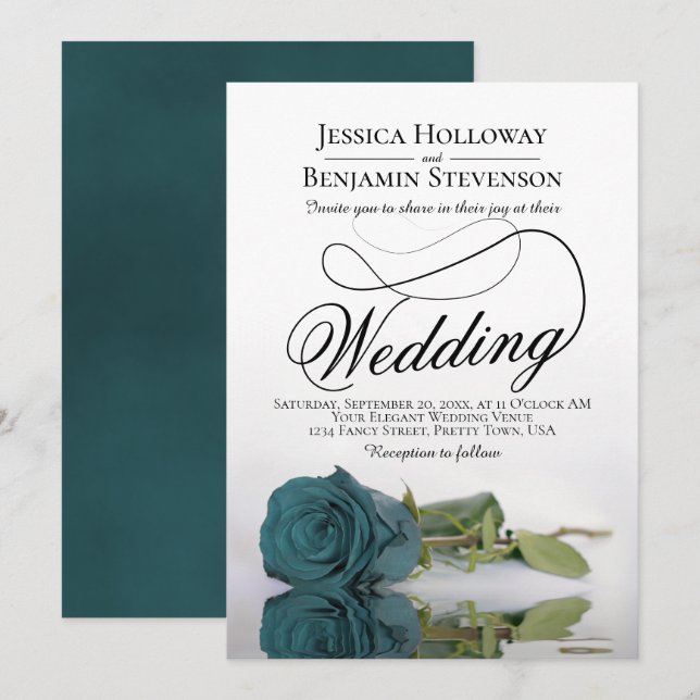 Elegant Reflecting Teal Rose Classy Script Wedding Invitation (Front/Back)