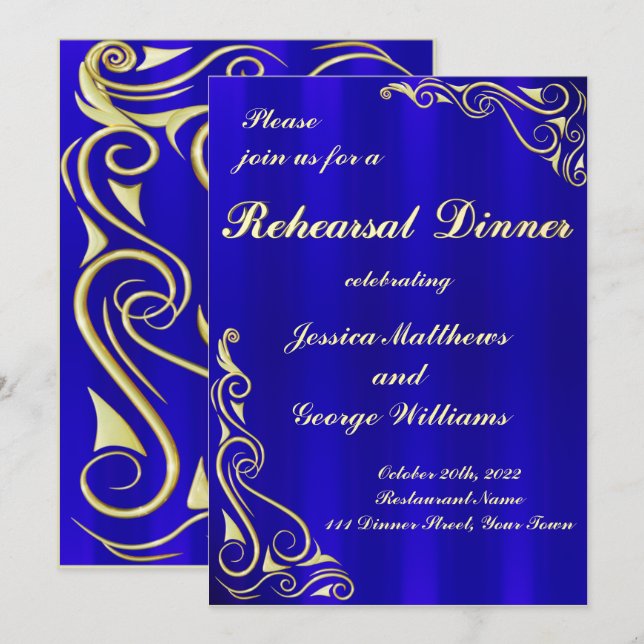 Elegant Regal Golden Royal Blue Rehearsal Dinner Invitation (Front/Back)