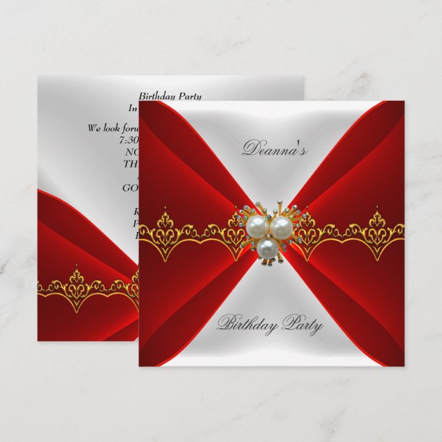 Elegant Regal Red Birthday Gold Jewel White Silk Invitation (Front/Back)