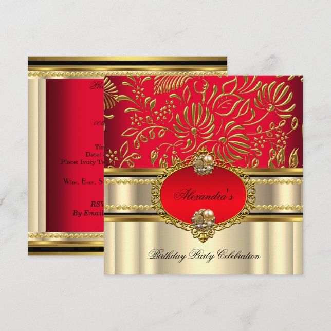 Elegant Regal Red Cream Gold Damask Birthday Invitation (Front/Back)