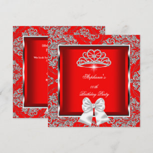 Elegant Regal Red Damask Silver Birthday Party Invitation