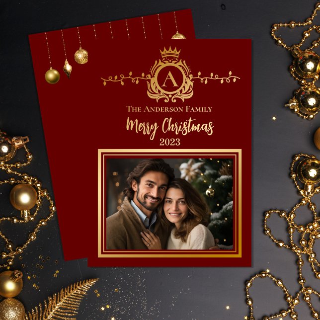 Elegant Regalia Monogram | Merry Christmas Photo Foil Holiday Card (Classy, elegant and regal monogrammed gold foil Christmas holiday design with royal-look crest)