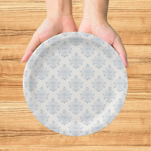 Elegant Regency Era Blue Damask Bridal Shower Paper Plate