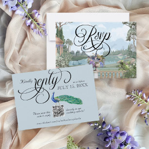 Elegant Regency Vintage Peacock Wedding QR Code RSVP Card