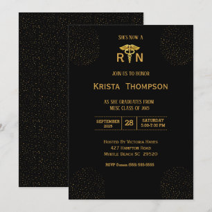 Elegant Registered Nurse Graduation Black Gold Inv Invitation