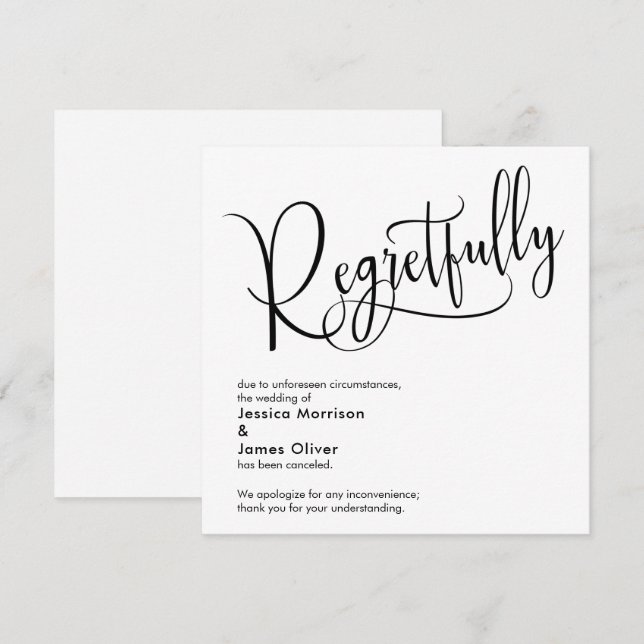 Elegant "Regretfully" Cancelled Wedding Card (Front/Back)
