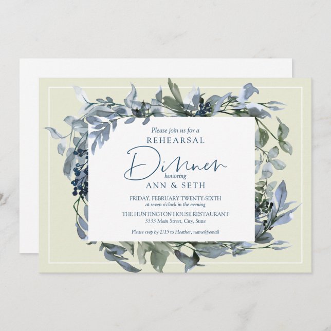 Elegant Rehearsal Dinner Blue Floral Greenery Invitation (Front/Back)