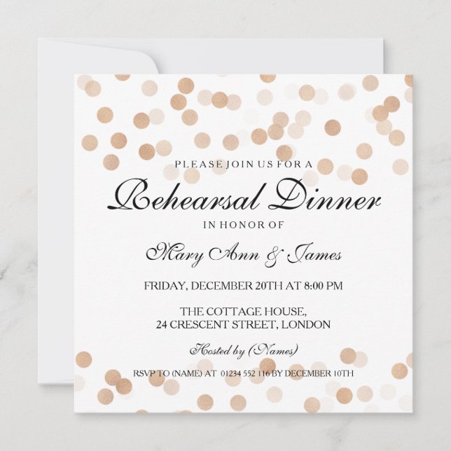 Elegant Rehearsal Dinner Copper Foil Glitter Light Invitation (Front)