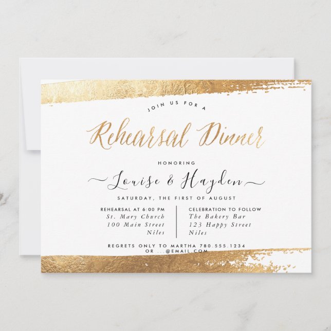 Elegant Rehearsal Dinner, Faux Gold+Modern Script Announcement (Front)