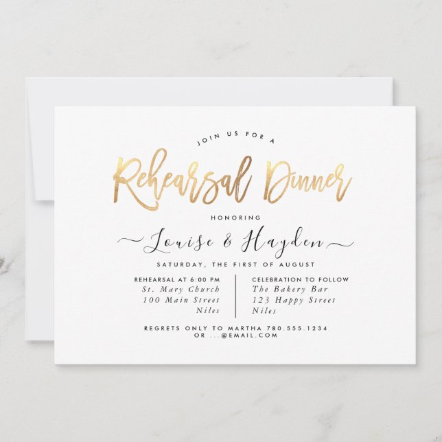 Elegant Rehearsal Dinner, Faux Gold Modern Script Announcement (Front)