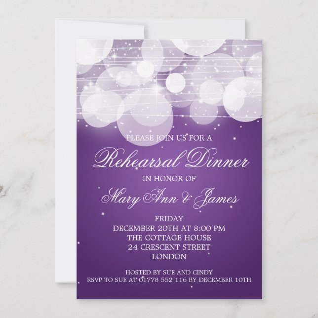 Elegant Rehearsal Dinner Glow & Sparkle Purple Invitation (Front)