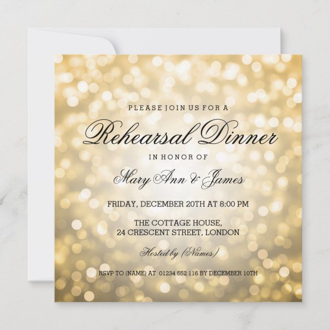 Elegant Rehearsal Dinner Gold Glitter Lights Invitation (Front)