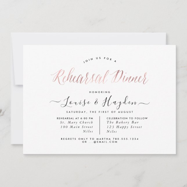 Elegant Rehearsal Dinner, Rose Gold Modern Script Announcement (Front)