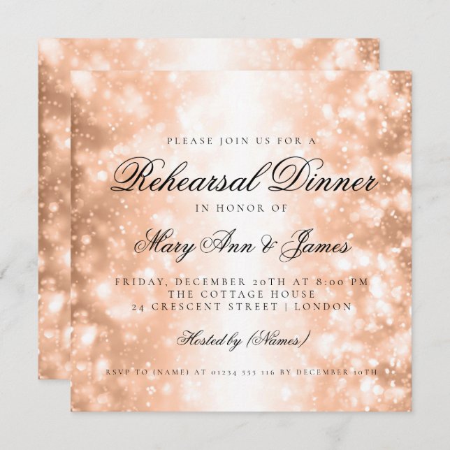 Elegant Rehearsal Dinner Rose Gold Shimmer Lights Invitation (Front/Back)
