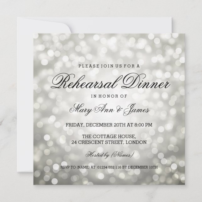 Elegant Rehearsal Dinner Silver Glitter Lights Invitation (Front)