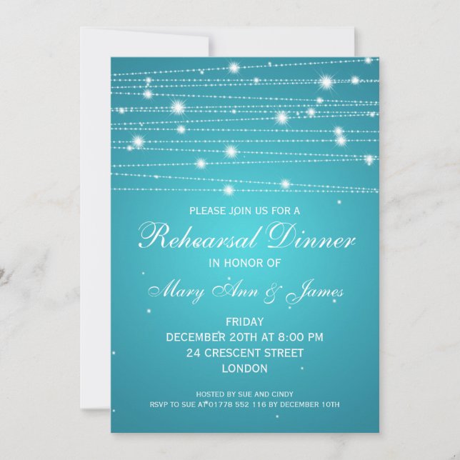 Elegant Rehearsal Dinner Sparkling Lines Turquoise Invitation (Front)