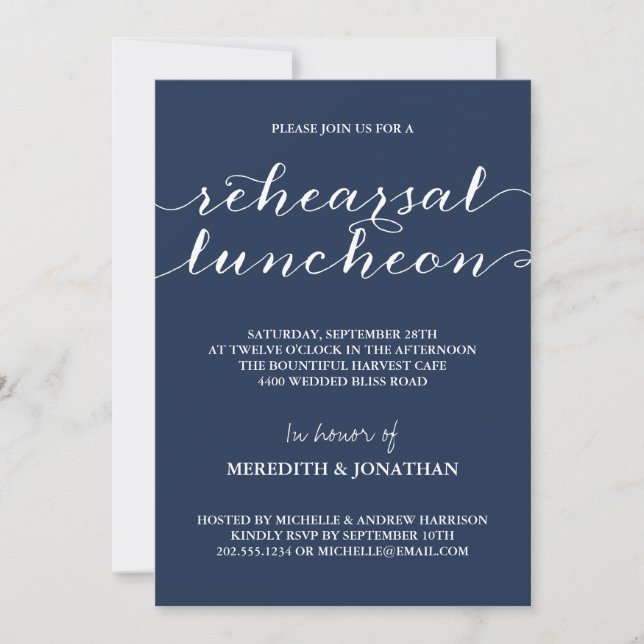 Elegant Rehearsal Luncheon, Navy Blue and White Invitation (Front)