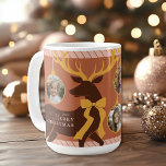 Elegant Reindeer 3 Photo Collage Christmas Coffee Mug<br><div class="desc">Send some personalized holiday cheer with this elegant Christmas mug, featuring a sophisticated reindeer silhouette adorned with golden yellow antlers and a bow. The terracotta and blush pink colour scheme adds a modern festive touch. The reindeer's antlers hold three ornaments, each serving as a placeholder for your cherished photos. Personalize...</div>