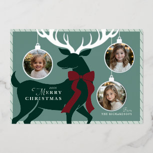 Elegant Reindeer 3 Photos Silver Foil Holiday Card