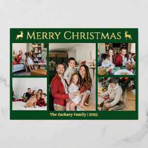 Elegant Reindeer Christmas Family Photo Collage Foil Holiday Card