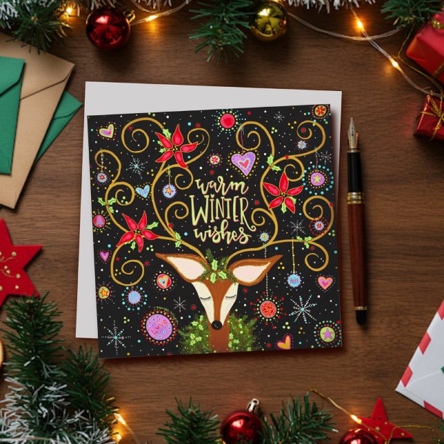 Elegant Reindeer Floral Christmas Wishes  Holiday Card (Creator Uploaded)